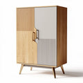 Wooden storage cabinet with two-tone finish and slatted design 90 x 50 x 130cm