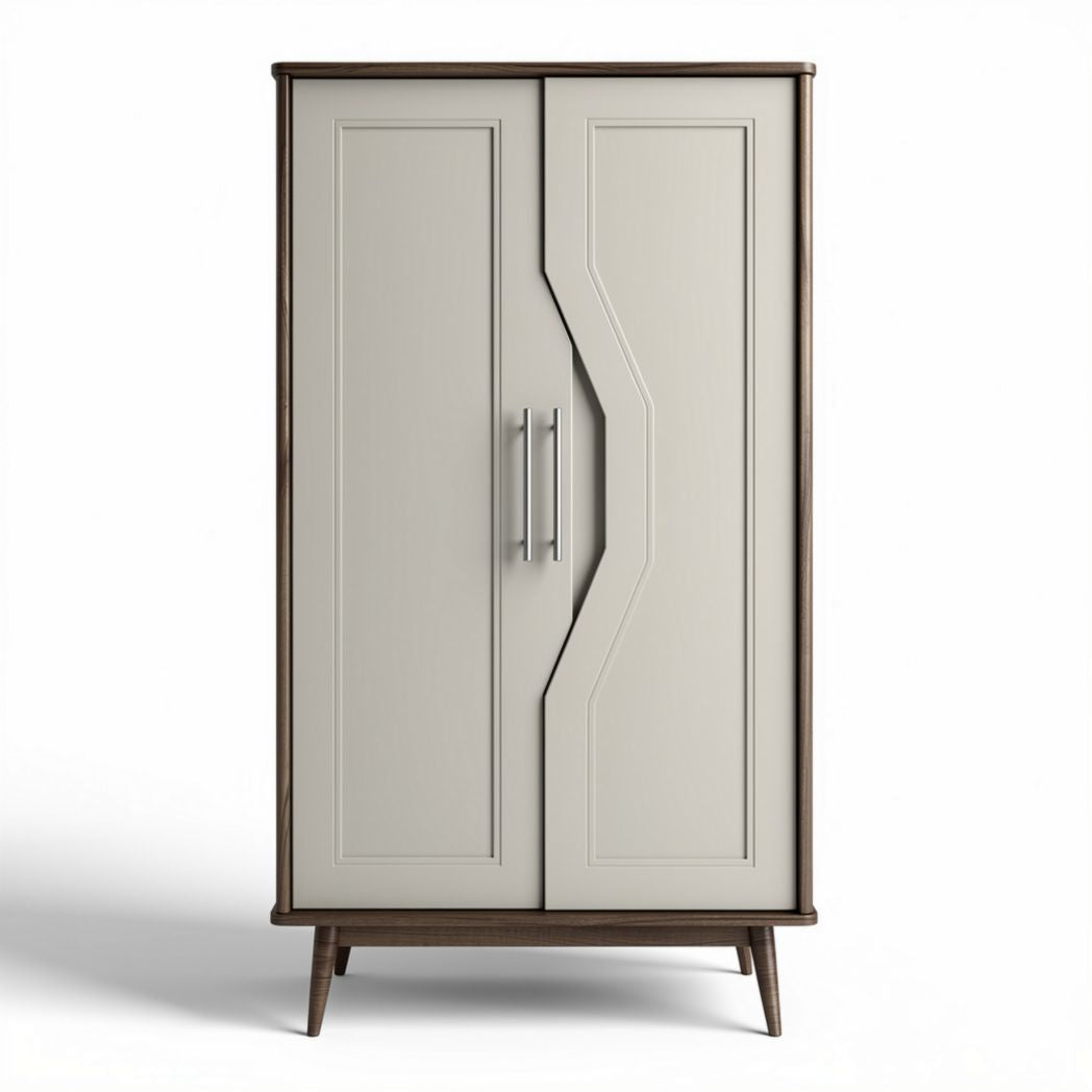 Two-door storage cabinet with geometric design in light grey and wood accents 80 x 40 x 180cm