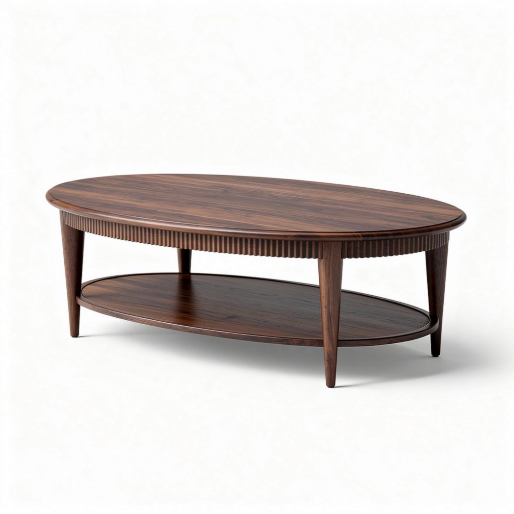 Oval wooden coffee table with lower shelf in walnut finish 120 x 60 x 45cm