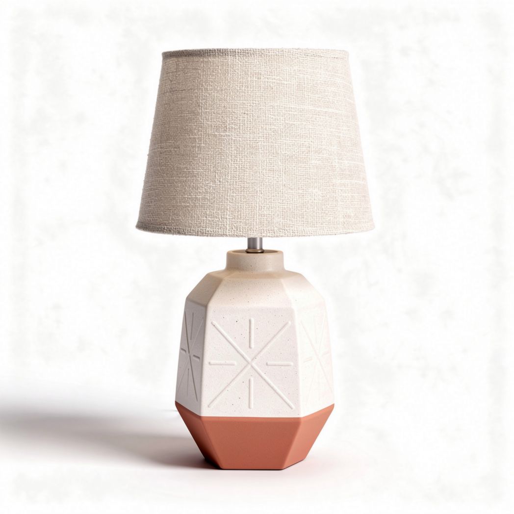 Ceramic table lamp with fabric shade and geometric design 25 x 25 x 50cm