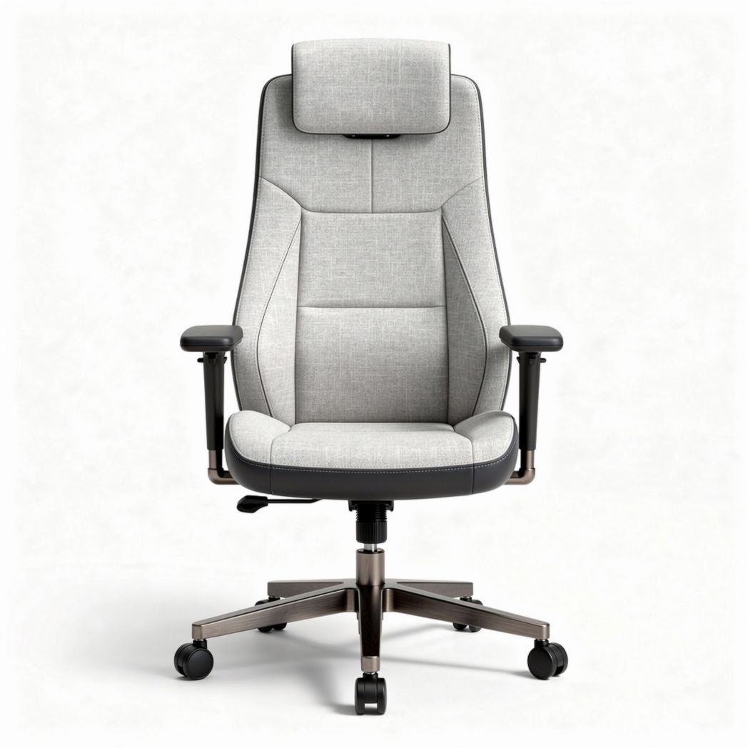 Ergonomic office chair with adjustable headrest and armrests in gray fabric