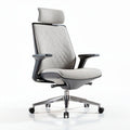 Ergonomic office chair with adjustable headrest and grey fabric upholstery