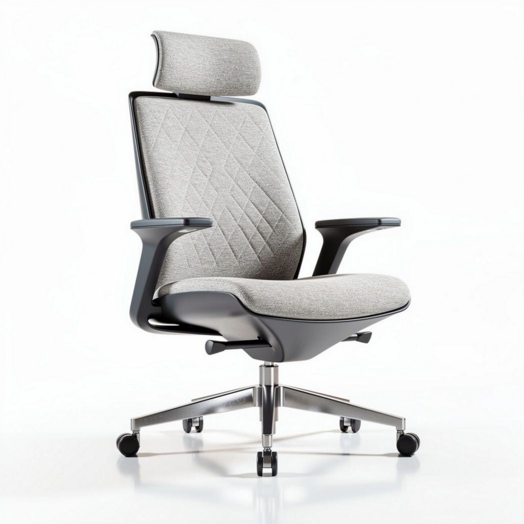 Ergonomic office chair with adjustable headrest and grey fabric upholstery