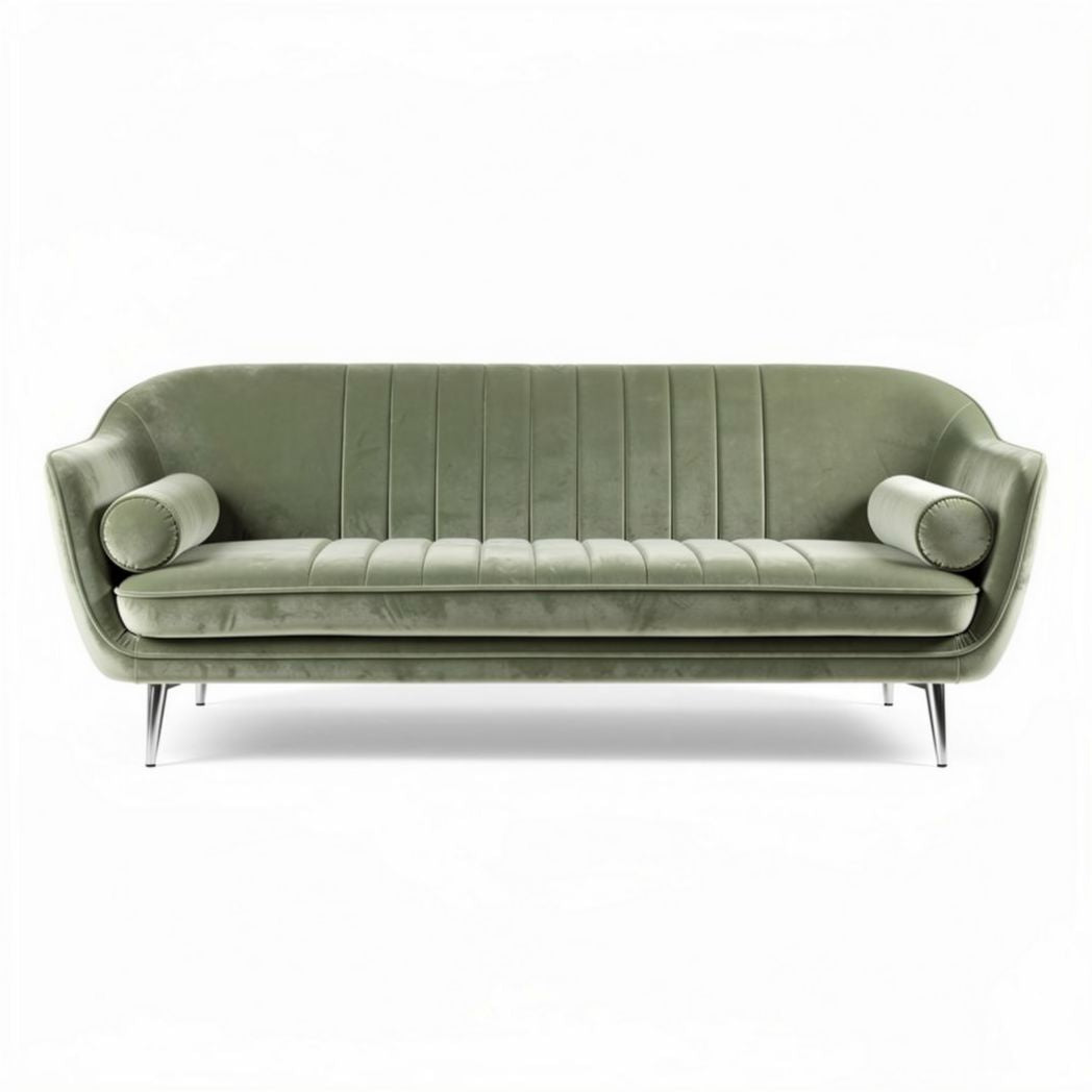 Velvet green sofa with padded arms and chrome legs for living room use