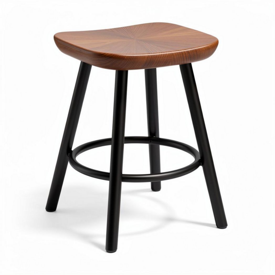 Wooden stool with a rounded seat and metal legs 40 x 40 x 75cm